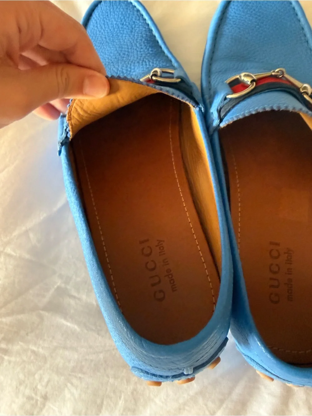 Gucci Light Blue Leather Horsebit Loafers with Red-Blue Web